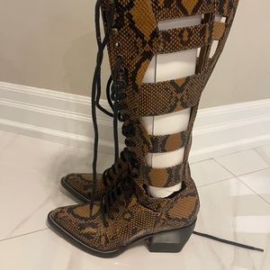 CHLOÉ Lace-up cutout snake-effect leather knee boots